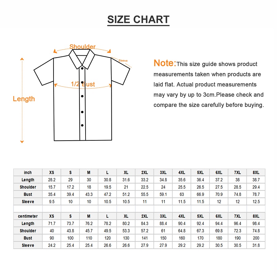 Size guide for Hawaiian Shirt With Button Closure